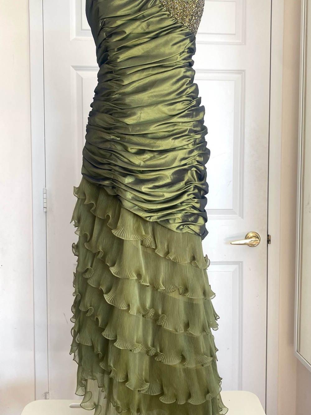 Strapless Olive Ruched Ruffle High-Low Dress - Picture 10 of 14